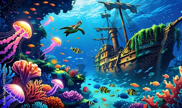 Obraz Enchanted Underwater Reef A Sunken Pirate Treasure Wonderland