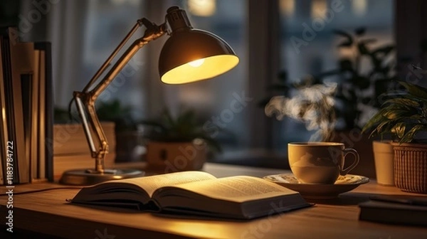 Fototapeta A cozy home office scene featuring a vintage desk lamp casting a warm glow over an open book and a steaming cup of coffee, inviting relaxation and focus.