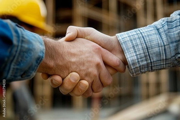 Fototapeta Close up of building contractor shaking hands with worker at construction site. Generative AI