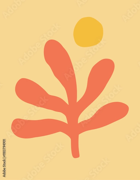 Obraz Abstract Organic Naive Art Poster. Modern Simple Style. Algae And Sun Silhouette. Aesthetic Minimal Summer Template Print. Vector Illustration Floral Composition. Matisse Inspired Poster. Trendy Print