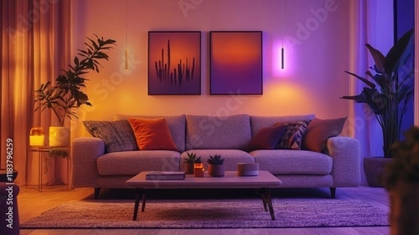 Fototapeta A modern living room with a cozy grey sofa, a stylish coffee table, and warm ambient lighting, decorated with indoor plants and minimalist artwork on the walls.