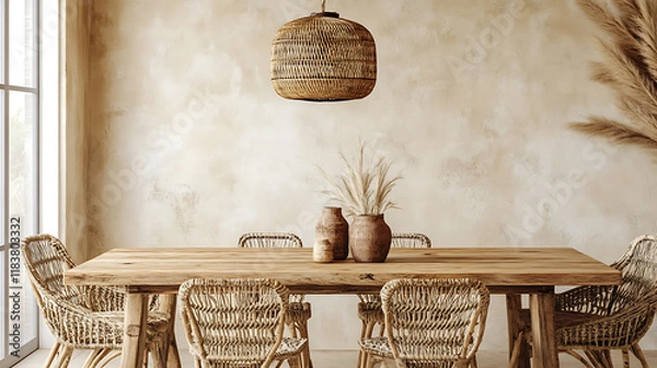 Obraz Rattan chairs and wooden dining table against beige stucco wall, farmhouse interior design of modern dining room