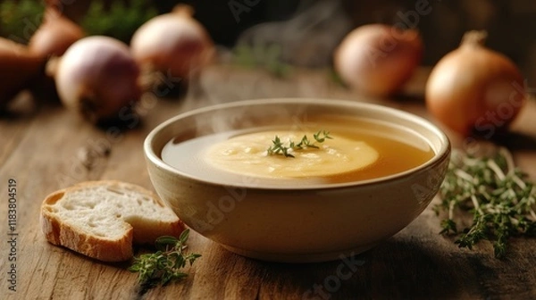 Fototapeta A steamy bowl of French onion soup with melted cheese and a slice of toasted baguette, surrounded by fresh onions and herbs on a wooden table.