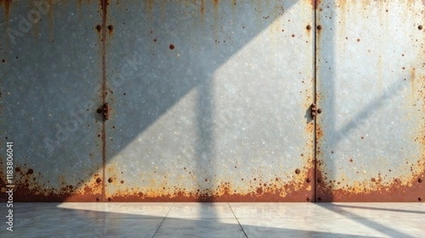 Fototapeta Rustic Metal Wall with Floor and Sunlit Shadows, Ideal for Industrial Design Backgrounds