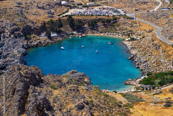 Fototapeta Heart-shaped St Paul's Bay as seen from the very top of Acropolis of Lindos, Rhodes Island, Dodecanese, Greek Islands, Greece, Europe