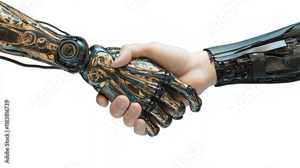 Fototapeta A human hand and robot arm shaking hands, isolated on a white background with a clipping path