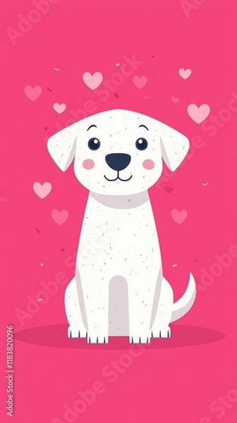 Fototapeta A cute, cartoon-style white dog with a happy expression sits against a pink background adorned with hearts.
