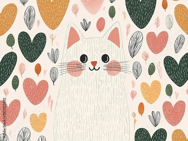 Fototapeta A cute, cartoon-style cat surrounded by colorful hearts and leaves creates a whimsical, cheerful atmosphere.