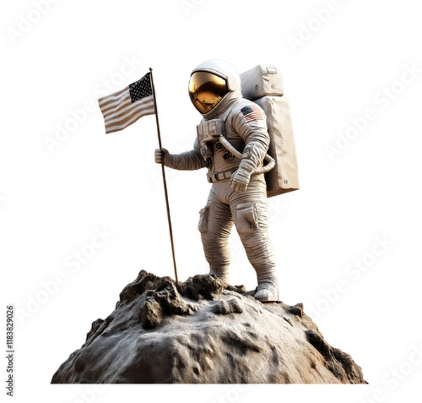 Obraz An astronaut plants the US flag on a rocky summit (transparent background).