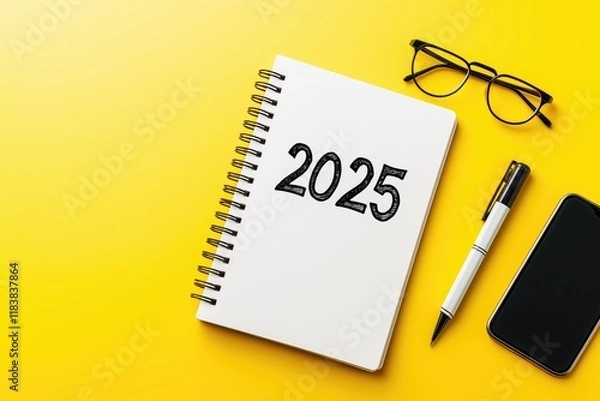 Fototapeta A notebook with the numbers 2025 with a pen, glasses, smartphone on yellow background with copy space View from above Suitable for a to-do list wishes or for New Year's goals and resolutions for 2025