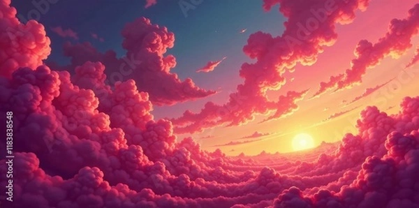 Obraz Swirling hues of pink, gold, and crimson paint the abstract evening sky , horizon, evening, art