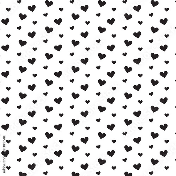 Fototapeta Seamless pattern with big and small hearts in black on white background for holidays, valentine's day, wallpapers, wrapping, marketing, packaging