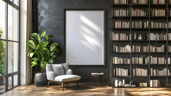 Fototapeta Library room with blank photo frame on the wall, version 15