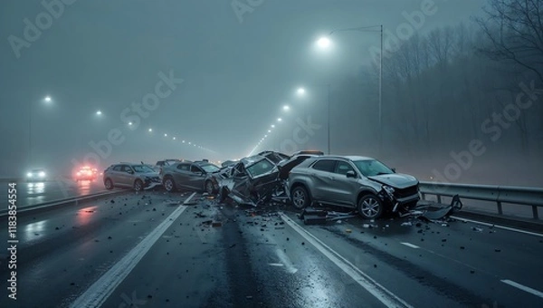 Fototapeta A foggy highway illuminated by streetlights shows a massive car pileup involving multiple vehicles. The damaged cars are scattered across wet asphalt, with debris and shattered parts visible.