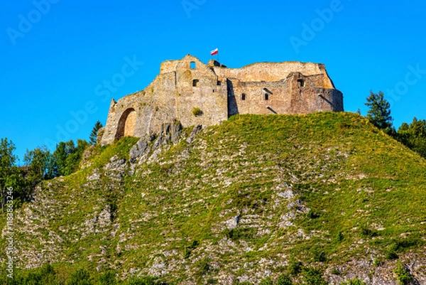 Fototapeta Ruins of medieval royal Czorsztyn Castle over Jezioro Czorsztynskie lake and reservoir of Dunajec river in Pieniny mountains of Lesser Poland