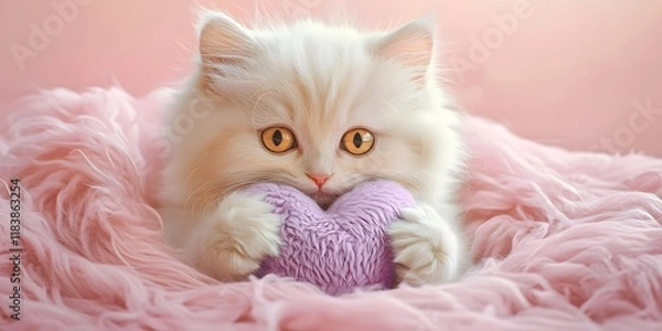 Fototapeta Photorealistic Kittens Holding Plush Hearts in Vibrant Backgrounds