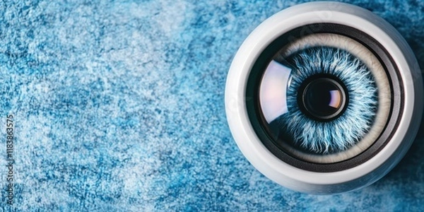 Obraz A close-up of a captivating blue eye with intricate details, surrounded by a light-colored iris and set against a textured blue background.