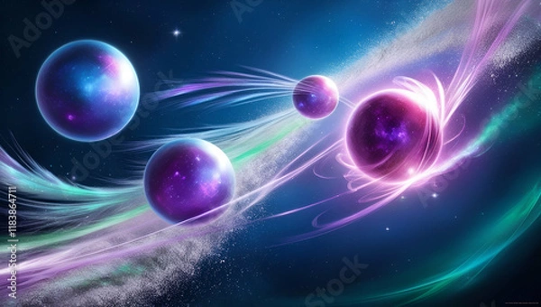 Fototapeta Abstract glowing spheres pulsating with cosmic energy, set in a vibrant and expansive space, radiating light and color in a fluid, energetic pattern.