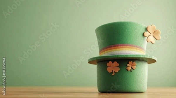 Fototapeta Green St. Patrick's Day Hat with Rainbow and Shamrocks Decoration