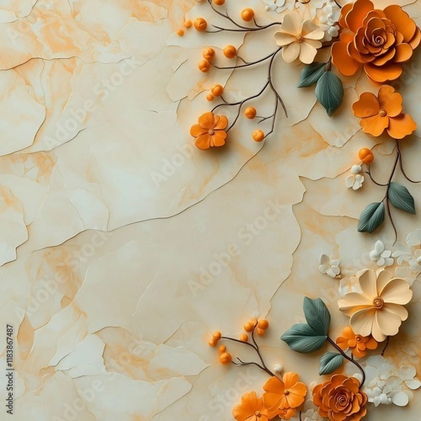 Fototapeta Ornate marble like pattern with sumptuous golden and bronze floral elements elegantly blended into a harmonious composition of amber caramel and ivory tones