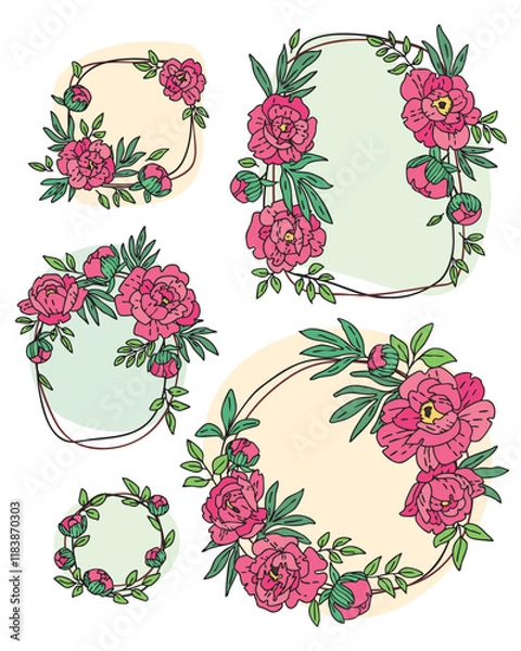 Obraz color vector set of hand drawn vintage wreath frames with red peony flowers and leaves