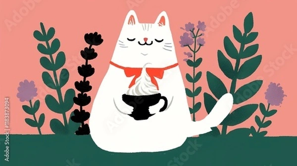Fototapeta A cute, cartoon-style cat with a red bow holds a cup, surrounded by colorful flowers and plants against a pink background.
