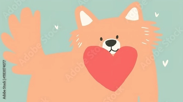 Fototapeta A cute, cartoon-style dog with a heart in its mouth, radiating joy and affection against a soft-colored background.