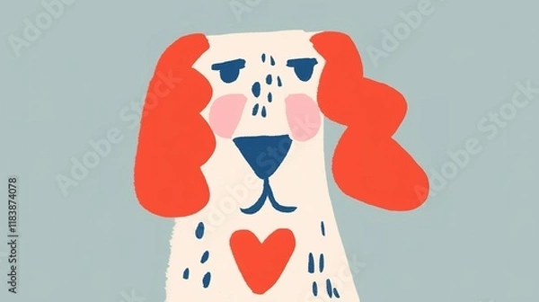 Fototapeta A playful, cartoon-style illustration of a dog with colorful fur and a heart symbol on its chest, set against a soft backdrop.