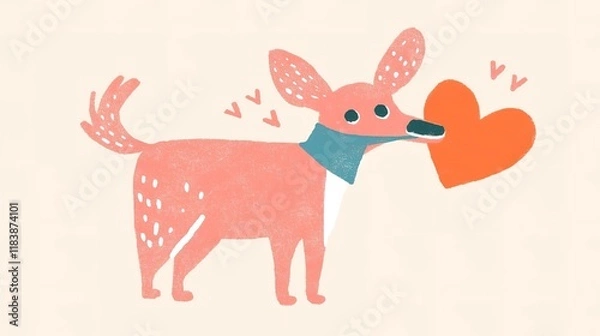 Fototapeta A playful, cartoon-style dog with a colorful collar holds a heart, expressing affection and joy in a whimsical design.