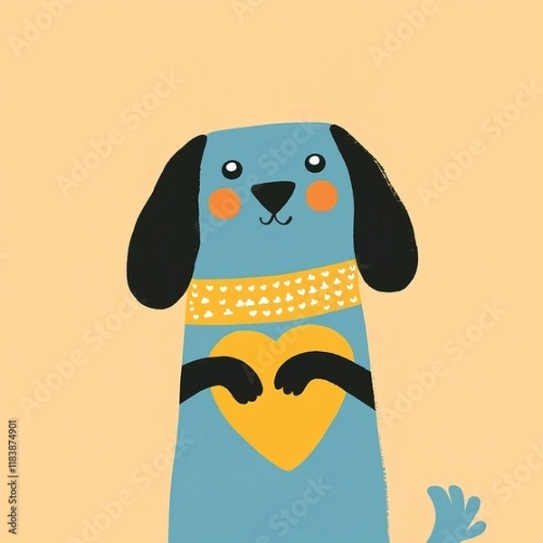 Fototapeta A cute, cartoon-style blue dog with a heart-shaped gesture, wearing a yellow scarf, set against a warm beige background.