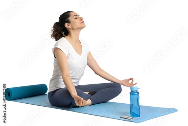 Obraz yoga woman with matt and bottle isolated