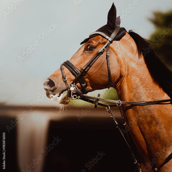 Fototapeta A portrait of a stunning bay horse, with a bridle gently around its muzzle, on a bright and warm summer's day.