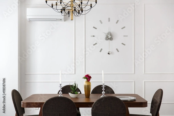 Obraz interior room studio apartment with white walls, a kitchen table