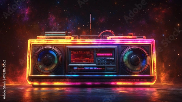 Fototapeta A retro-futurist boombox. It has a worn, vintage look, but is illuminated by bright neon lights in pink, orange and blue colors.
