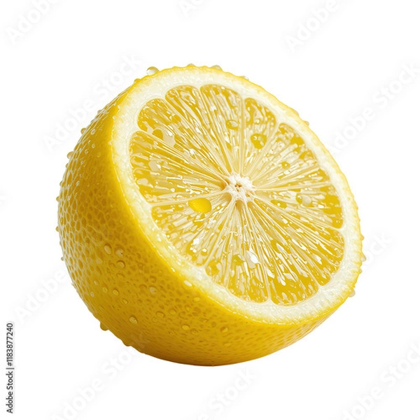 Fototapeta A close-up image showcases a juicy lemon half glistening with water droplets isolated on transparent background.