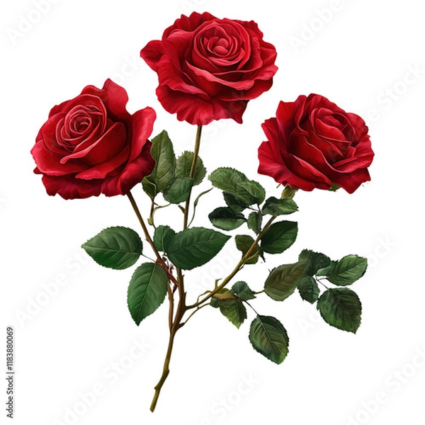 Fototapeta A digital painting depicts three deep red roses with green leaves, elegantly arranged on a single stem isolated on transparent background.