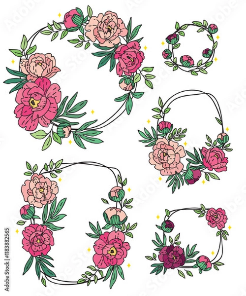 Obraz color vector set of hand drawn vintage wreath frames with red and light peony flowers leaves and sparkles