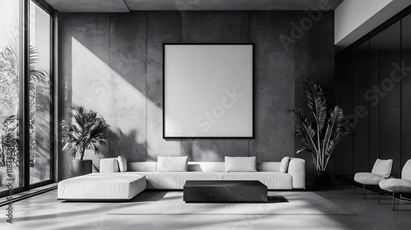 Fototapeta A modern, minimalist living room in monochrome, large poster frame centered on the wall, surrounded by subtle, stylish furniture