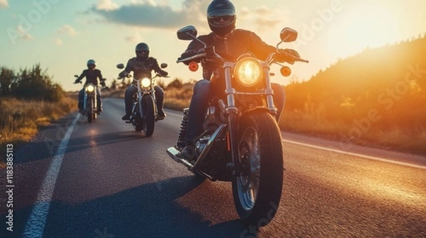 Obraz Bikers riding together along a scenic highway at sunset during a vibrant motorcycle rally