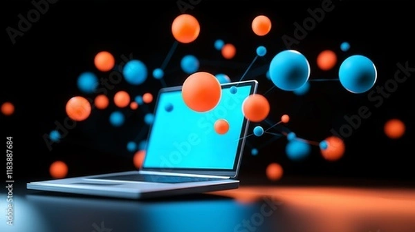 Fototapeta Futuristic Laptop with Abstract Network of Connected Spheres Representing Digital Communication