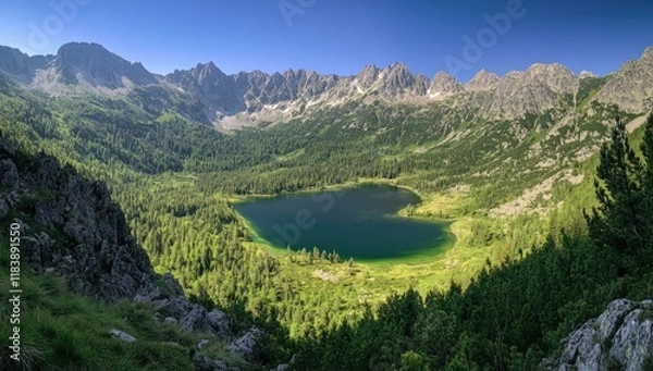 Obraz A serene lake reflects the bright blue sky, embraced by rolling green hills and majestic mountains. The peaceful atmosphere invites exploration and appreciation of nature's beauty