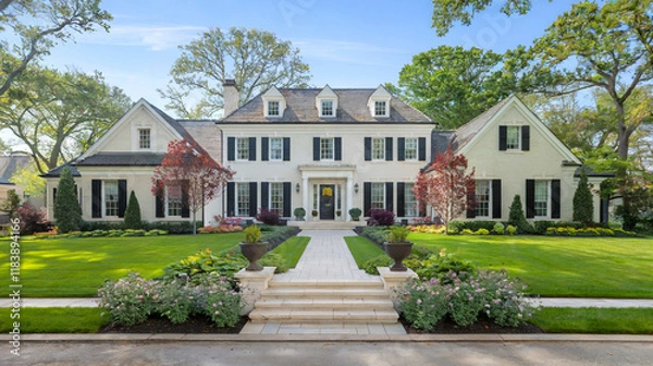 Obraz Elegant Colonial-Style Home with Beautiful Landscaping