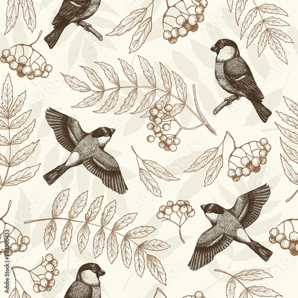 Fototapeta hand drawn vector seamless pattern with vintage birds and flowers