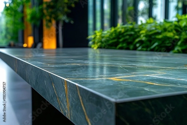 Fototapeta Sophisticated and serene interior design setting featuring a tranquil marble surface in soothing sage green and cool slate gray tones accented by gleaming gold details