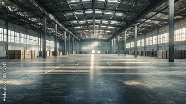Fototapeta Sunlit empty warehouse interior with stacked wooden crates.