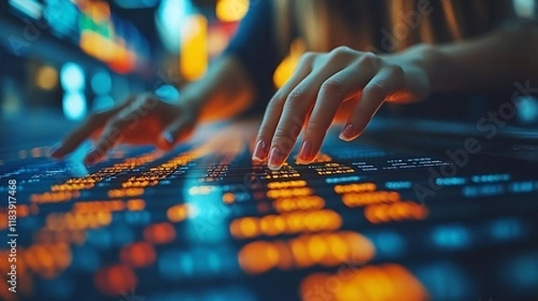 Fototapeta Woman's hands interact with glowing data screen, city background, tech use