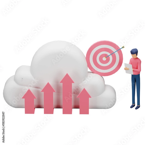 Fototapeta 3D Illustration of a man standing in front of a cloud with arrows pointing upwards and a target behind him. Business growth, success, and cloud computing concept.