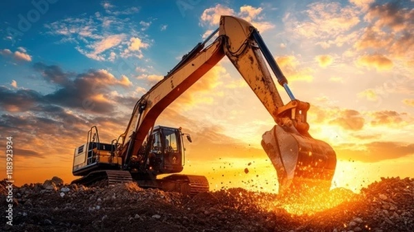 Obraz Excavator digging at sunset.