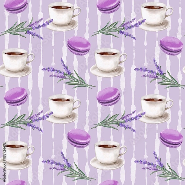 Fototapeta Seamless pattern with cups of coffee, french macaroon cakes and lavender flowers