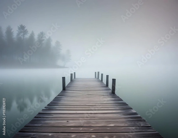 Fototapeta An old wooden pier extending into a foggy lake.